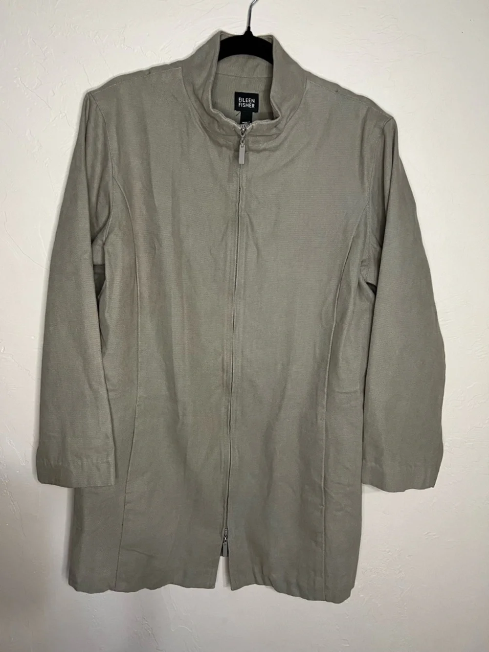 Eileen Fisher Olive Green Long Line Utility Zip Front‎ Cotton Jacket